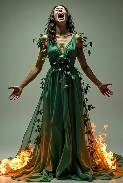 full view of a female model screaming in pain with open arms wearing a green semi-transparent dress with woven leaves and the tail of the dress on fire