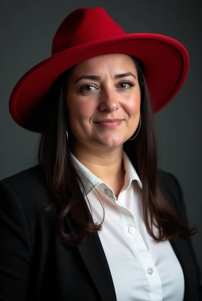 woman aged 34, Fat, The face is rounded, hair is dark, on his head is a red hat with wide brim, She is wearing a white shirt with a black jacket over it., studio photography, professional photo, dark gray background, High detail, skin texture development,
