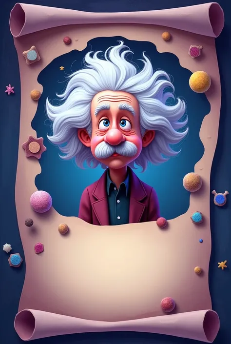 Image with animated Albert Einstein and that above on the page above there is a written word chemistry in Spanish and on the sides there are or some elements about chemistry with a purple and blue rolled margin. As it is, just in the middle you put a small...