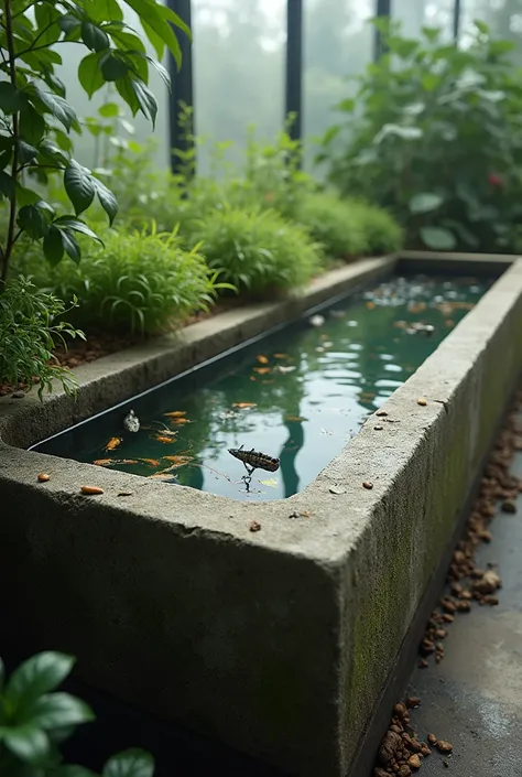 Horizontal concrete nursery tank with water level halfway up