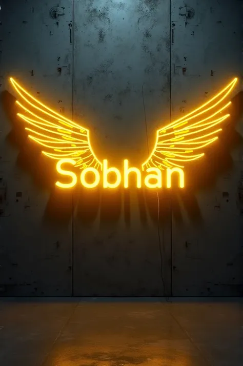 features "sobhan" in big and capital Yellow neon light fonts on the dark grey wall. There should not be his shadow, and there are wings to make it appear as if he is an angel bot