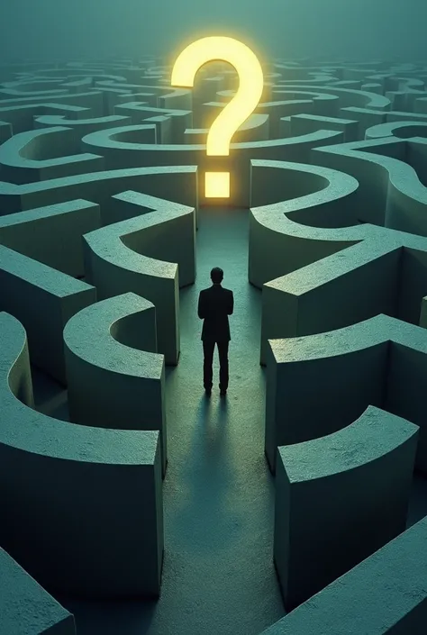 A person standing in a maze, looking confused with a question mark above their head. The person appears to be lost, trying to find their way through the complex and winding paths of the maze. The scene is from outside the maze, showing the intricate design...