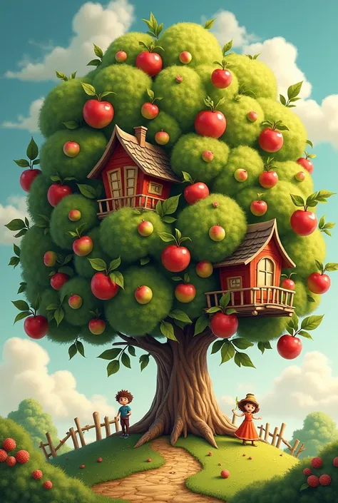 Here is the model of the whimsical apple tree with little people living in cottages built among its branches. I hope this matches the enchanting scene you had in mind! beautiful little people