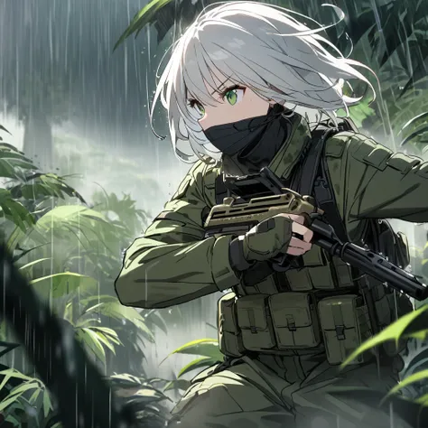 1 girl, short white hair, green eyes,green camouflage,green tactical uniform, light body armor,black balaclava,
camouflage,fighting stance,somewhere in the jungle, holds the radio on his chest, somewhere deep in the jungle, heavy rain,small details