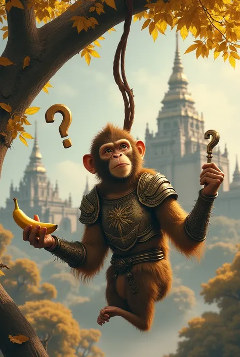 A monkey in armor holding a banana and a key each in each hand, Behind him in the distance there is a temple and he is in doubt about which one to choose., a banana ou a chave,  with two question marks above his head, He is also hanging upside down from th...