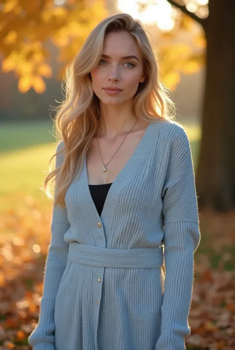 A picture of a young 20 year old German woman with radiant complexion and blonde, well-groomed hair. Her eyes are light colored, accentuated with natural make-up and mascara. She wears a subtle pink lipstick. Necklace, Her outfit consists of a, elegant lig...