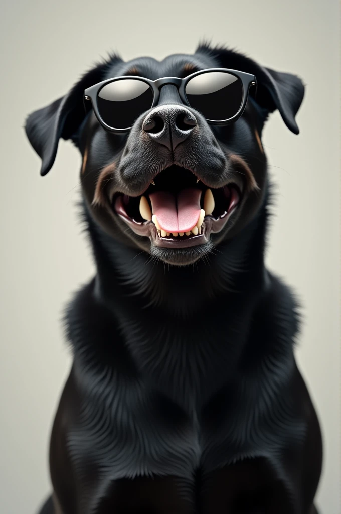 A strong black dog wearing black sunglasses with a smile 
