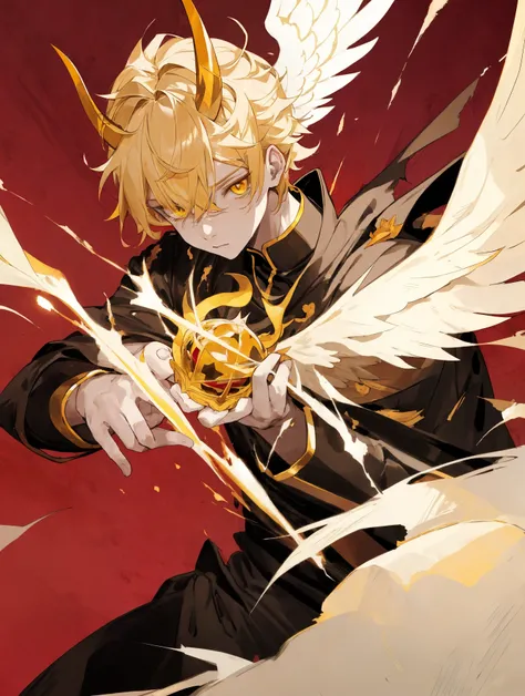 Male angel with blond short hair, two horns on the forehead, yellow eyes, torn black clothes, divine crown, male character ((JUST A CHARACTER), teenage traits, ultra detailed, in perspective, for manga cover, red background