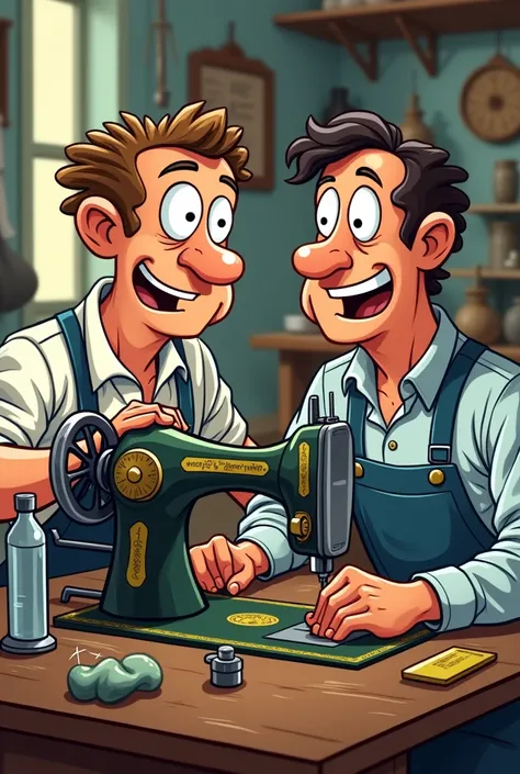 Man sewing on a sewing machine and another man serving him by giving him a glass of water, cartoon style
