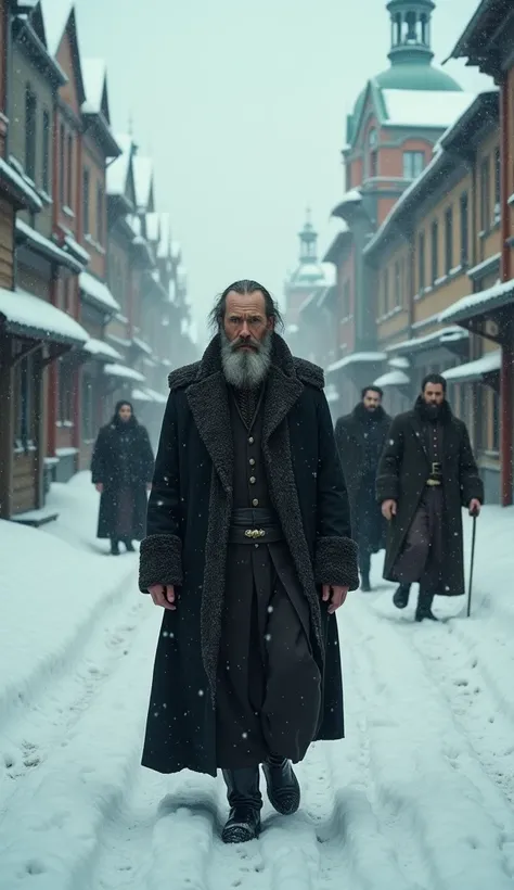 A young Rasputin, in humble peasant clothes, walking through a snowy Siberian village, the cold wind blowing through the wooden houses and snowy paths, transitioning to Rasputin in 1905, now in Saint Petersburg, dressed in more elaborate attire, standing a...