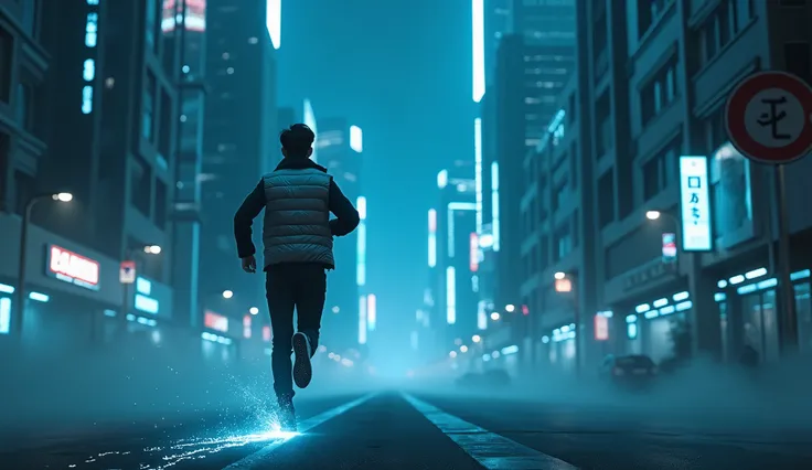 far shot camera, dutch angle, camera shot from the back, Close up camera to the boot of Asia male running on the street of futuristic night city with neon lights and holograms, wearing a silver tech vest, wearing glass.  each step emitting blue electric sh...