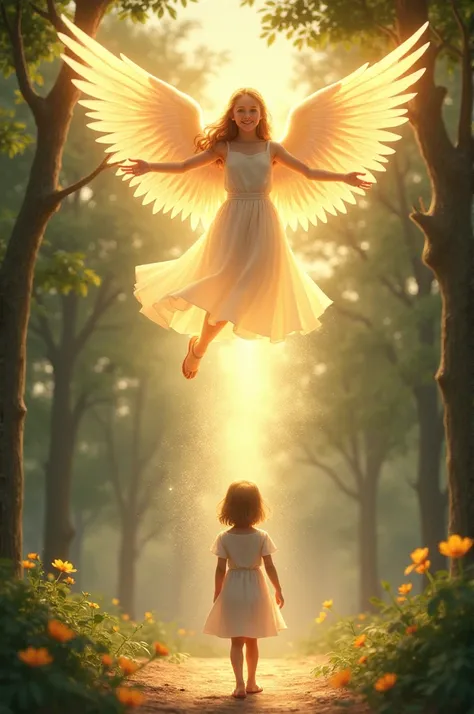 The angel smiles warmly at the , her wings shimmering as she begins to vanish into a golden mist. The girl, now standing, looks up with a thankful expression, her dress and shoes clean. The garden, once filled with worry, now appears peaceful and serene un...