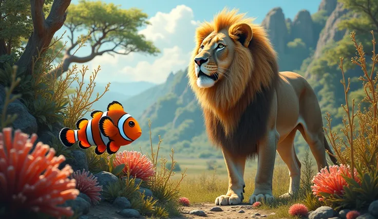 generate a realistic image of a clownfish along with a Lion the image should be realistic with vibrant colors