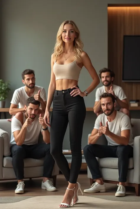 In a modern living room, a tall woman with long blonde hair, dressed in a beige crop top and black pants, stands confidently with her hand on her waist and wearing white heeled sandals. Next to her, four pairs of men participate in an amusing display where...