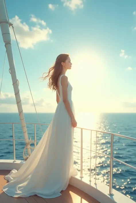 Girl on a ship in a white dress, sun shining on her face, standing in a straight line, eyes closed

