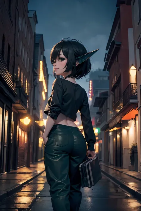 absurdrez, 1 girl, solo ((best quality)), ((masterpiece)), (detailed), 4k, green skin, tiny pointy ears, small ears, very very small goblin girl, 3 feet tall, graceful, exotic, black hair, walking towards a backdoor entrance to a strip club, backdoor to ni...