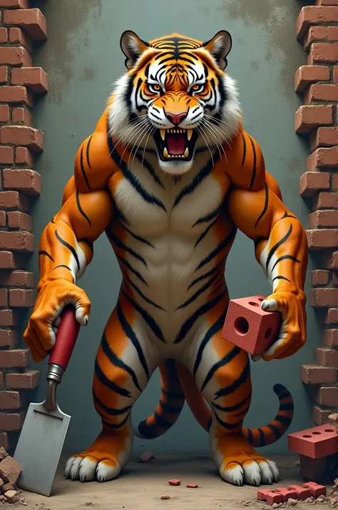 Image of a tiger with a bricklayer&#39;s trowel and a red brick in his left hand and behind him a rustic brick wall and baring his teeth and standing on two legs without a hump 