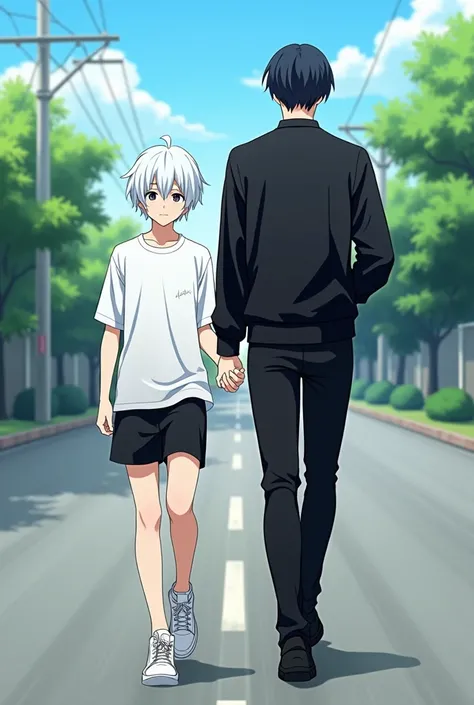 Anime of A short pretty  idol boy having white hair wearing white shirt and black short pant, white sneakers and a tall handsome idol boy having wide shoulders and black short hair not covering forehead wearing all black shirt and style pant walking on the...