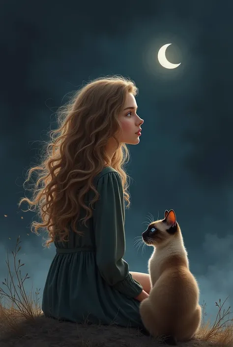 Realistic drawing for cell phone wallpaper, with one with long curly hair, light brown and a furry Siamese cat, dark colors, in profile or from behind, looking at the moon