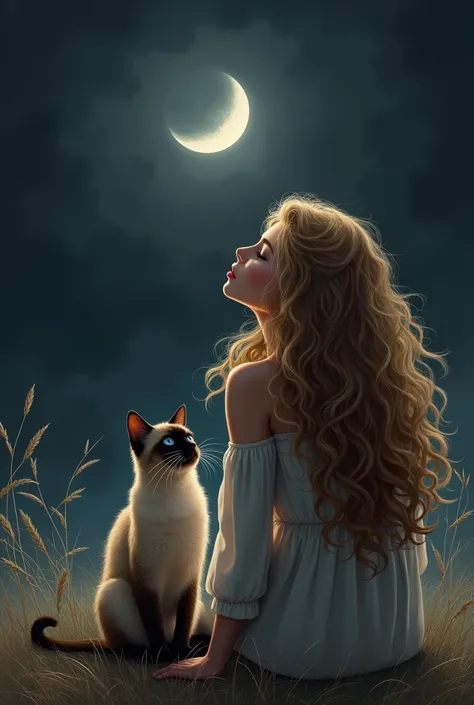 Realistic drawing for cell phone wallpaper, with one with long curly hair, light brown and a furry Siamese cat, dark colors, in profile or from behind, looking at the moon