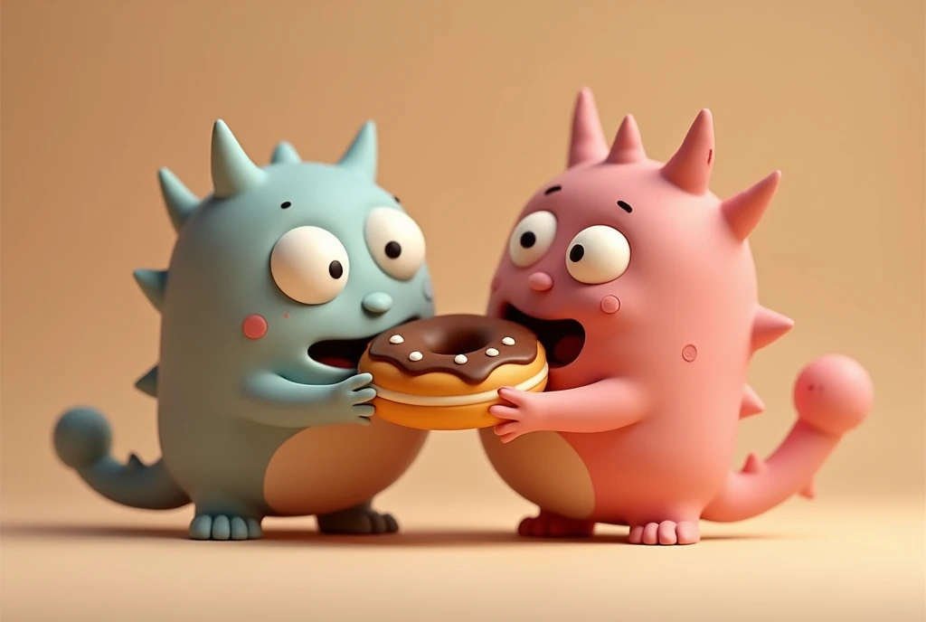 Clay　animation、　2 Monsters、cute　Monsters、　Eating　donut、　Get along、Clay　skin、　cheap　shape、