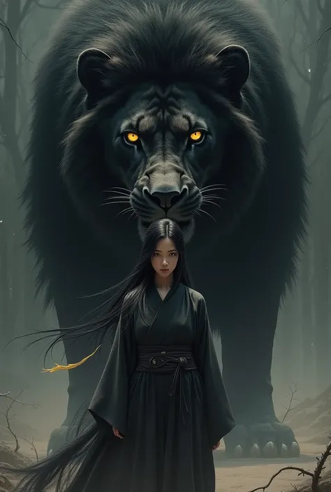 The young Japanese woman with long black hair, with a single golden lock, remained motionless. Behind her, a huge lion, black fur, wounded and fierce, showed his scars. His yellow eyes shone brightly, reflecting the pain and wild fury.

