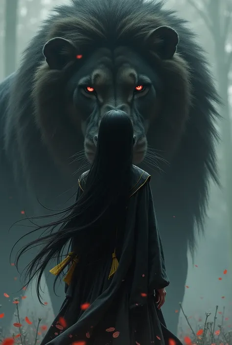 A young Japanese woman with long black hair, with a single golden lock, remained motionless with her back to him. Behind her, a huge lion, black fur, wounded and fierce, showed his scars. His red eyes glowed brightly, reflecting the pain and wild fury.

