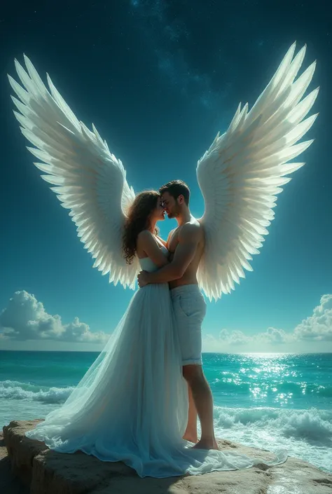 Create a man and woman couple with large wings, in love that stand out against the background of stars and turquoise seas, which is 8k hyperrealism with photographic details, 