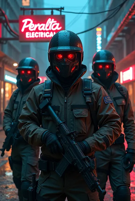 Electricians Wearing Helmets, Posing as an anti-hero, cyber punk style, with a sign in the background saying "PERALTA electrical solutions LTA".