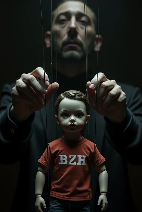 puppeteer manipulating with wires from his hands a doll wearing a t-shirt with “BZH” written on it