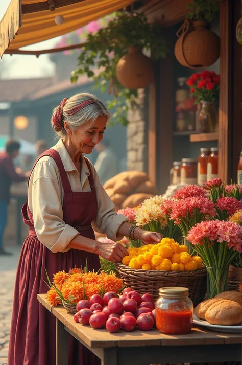 Imagine an image showing a quiet local market at dawn. in the center, a stall of fresh and colorful flowers, where an older woman, dressed in traditional clothing, carefully arrange the flowers. In the background, You can see jars of artisanal preserves an...