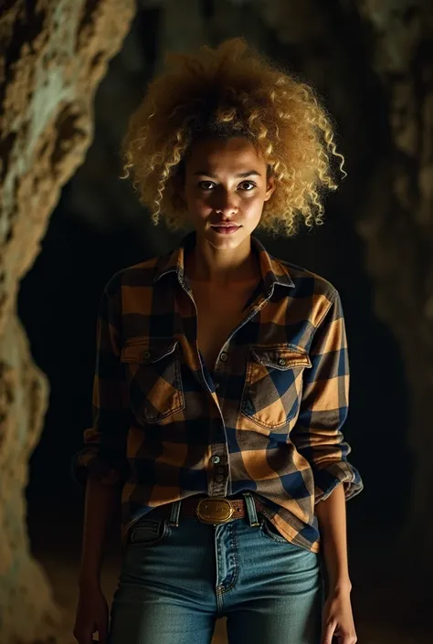 photograph of a woman, (worried facial expression), Textured Skin, shiver, blonde afro hair, plaid flannel shirt with faded boyfriend jeans, tiro de cowboy, dark and mysterious cave with unique rock formations and hidden wonders, perfect eyes, (candlelight...