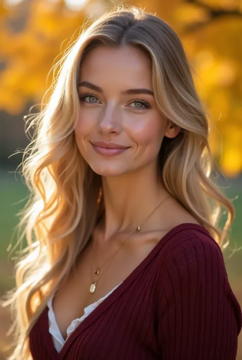 A picture of a young 20 year old German woman with radiant complexion and blonde, well-groomed long hair. Her eyes are light colored, accentuated with natural make-up and mascara. She wears a subtle pink lipstick. Necklace, Her outfit consists of a, elegan...