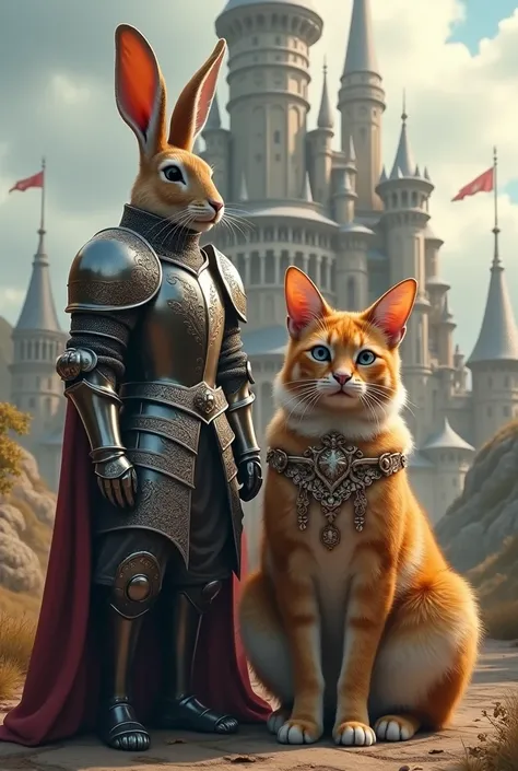 Create a realistic image of a male hare in armor, a black and white medieval knight riding a 2 ml orange Siamese cat,in front of the royal palace which has 50 floors