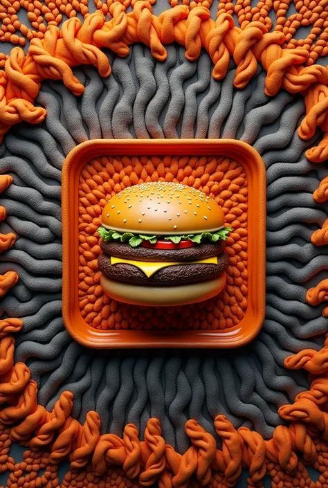 Create a realistic 4k image of a logo with a hamburger in a square, an orange juice, barbecue, in another square, embroidered orange and gray textured background