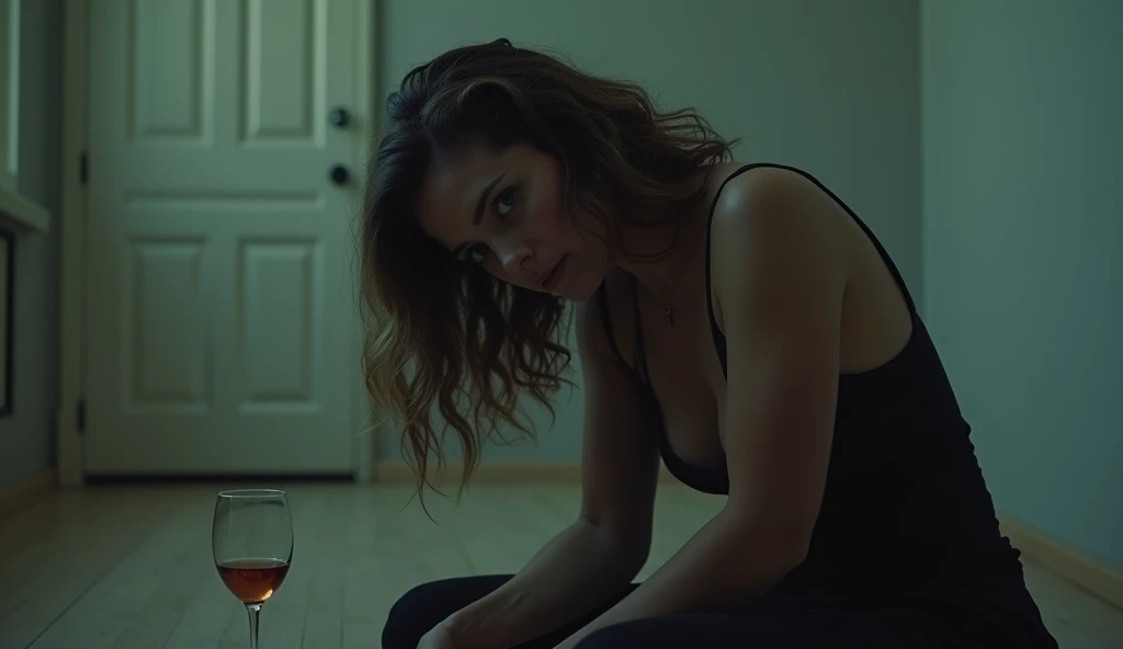 A woman in her thirties with wavy brown hair and green eyes sitting alone in an empty room, head bowed, an empty wine glass beside her, soft lighting creating a heavy atmosphere of desolation and reflection, a closed door in the background symbolizing her ...