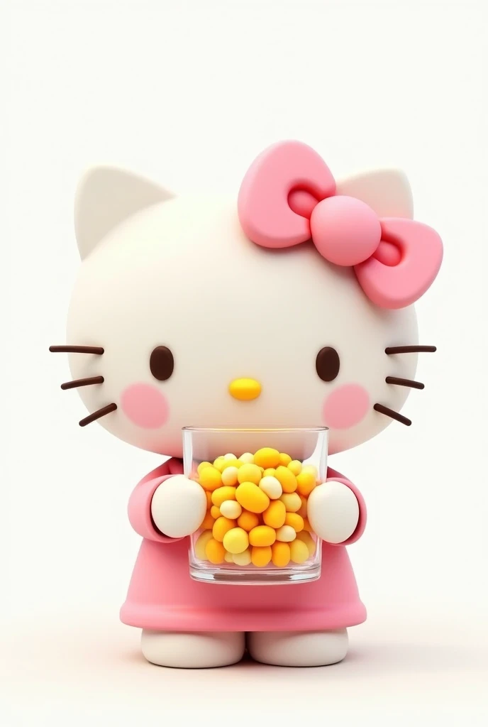 A hello kitty with corn in a glass in her hand and the background is white and she is dressed in a pink outfit and is cute 