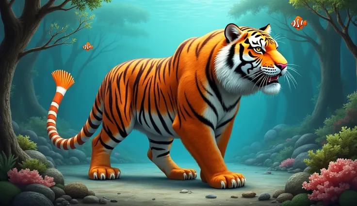 A hybrid tiger with clownfish characteristics. The main body of the Tiger is bulky and hairy, but with orange and white stripe patterns typical of clownfish. The front and back paws are still Tiger&#39;s, com garras afiadas, but the skin on the paws has a ...