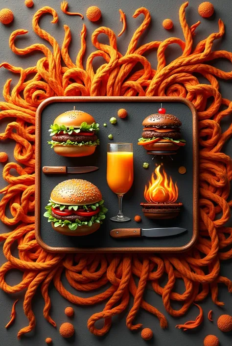 Create a realistic 4k image of a logo with a hamburger in a square, an orange juice, barbecue, in another square, embroidered orange and gray textured background