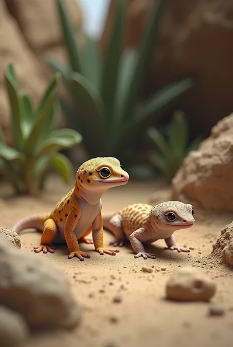 A leopard gecko and a fat-tailed gecko fade Oreo in natural environment