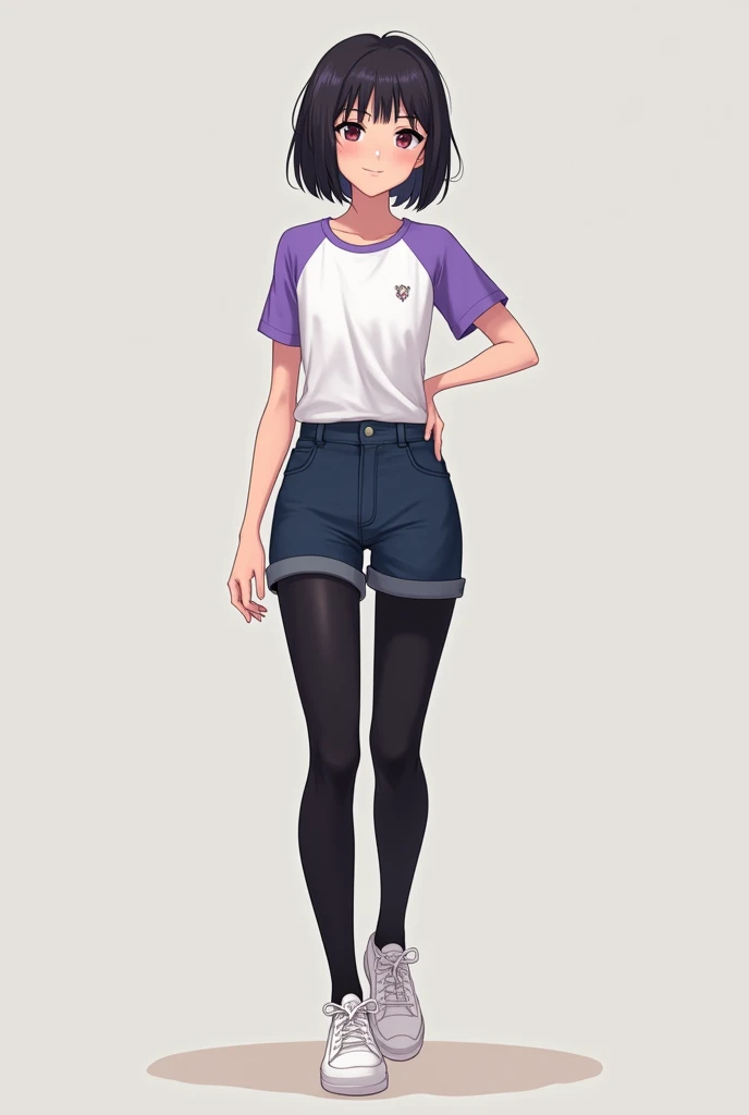 A girl wearing a white and purple combination shirt with dark blue shorts and black leggings with white shoes and short hair