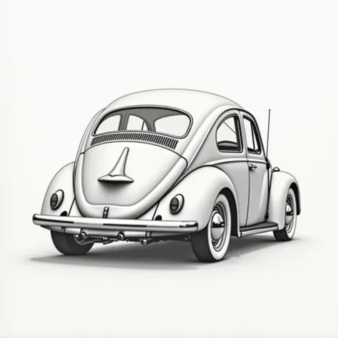 Create a drawing of the rear of a lowered 1950 Volkswagen Beetle with open hood in pencil drawing style by hand 