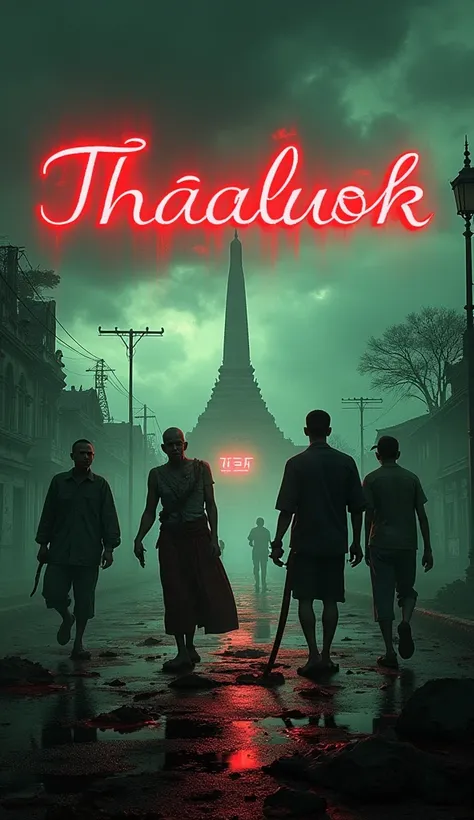 Create a dramatic movie poster set in a zombie apocalypse in Thailand. The scene should feature a haunting, desolate Bangkok skyline, with famous landmarks like Wat Arun and the Grand Palace crumbling under the devastation. The sky is dark and stormy, fill...