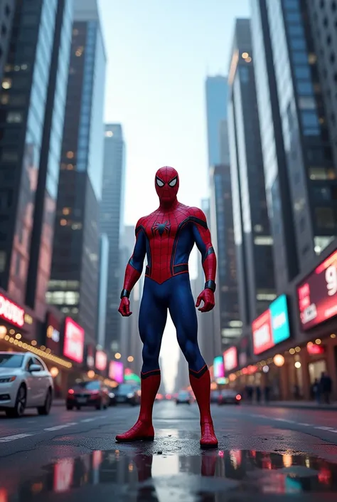 Spider man standing between road which is located between skyscrapers in Dubai 