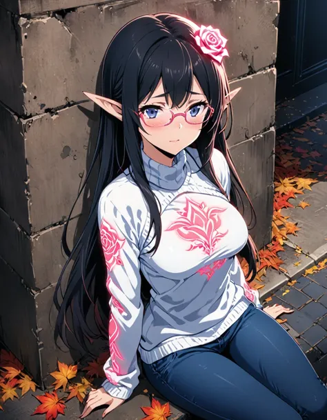 Generate a high-contrast anime-style illustration of a girl sitting in a dark room, her body adorned with glowing neon pink rose tattoos. ((Best quality)), ((masterpiece)), (detailed), 1 girl, sexual, elf, black hair, long hair, straight hair, pointed ears...