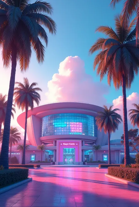 Make a vaporwave style image of the Kaseya Center, miami heat house with palm trees in front colorful 