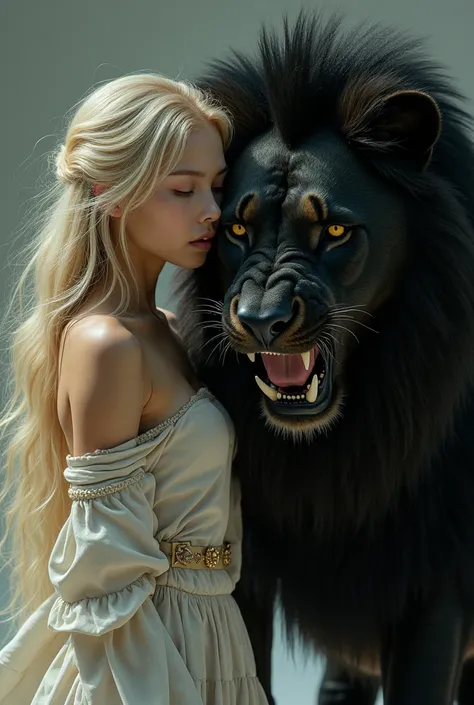 A young Japanese hybrid with long blonde hair, remained motionless. Beautiful and sensual body. Behind her, A lion, black fur, wounded and fierce, showed his scars. His yellow eyes shone brightly, reflecting the pain and wild fury. CLOSER PHOTO OF THEM.

