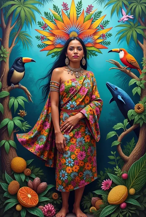  
Generate me an image for a mural where in the center there is an indigenous woman with her typical clothing and her body is full of flowers and leaves, above this a representative bird of the Colombian Amazon as: Yellow-bellied Woodpecker and others next...