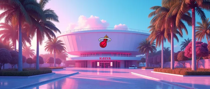 Make a vaporwave style image of the Kaseya Center, miami heat house with palm trees in front colorful , and with something symbolizing the Miami heat in front 