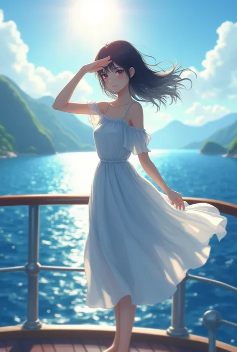 A girl in a white dress stands on a ship, looking at the camera. Her dark hair flutters in the wind. She covers the sun with her left hand. The sea and mountains are visible in the background.